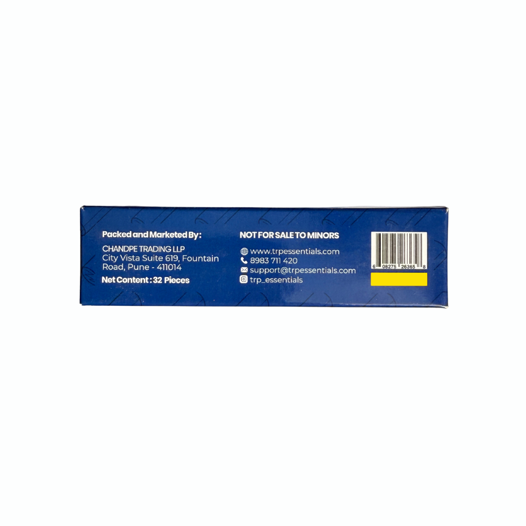 Back label of the TRP Roach Book box showing net content 32 pieces and barcode